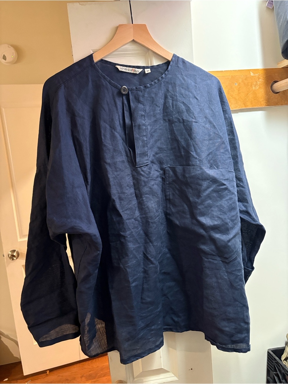 Men's Navy Mandarin Collar Linen Shirt Jacket
